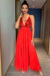 Robe longue de soirée à paillettes scintillantes, décolleté plongeant en V, dos nu et fente haute - Rouge
